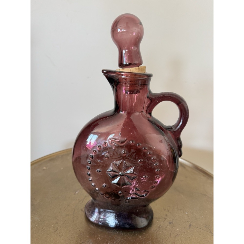 Vintage Amethyst Glass Decanter With Starburst Design & Corked Stopper 7" Tall